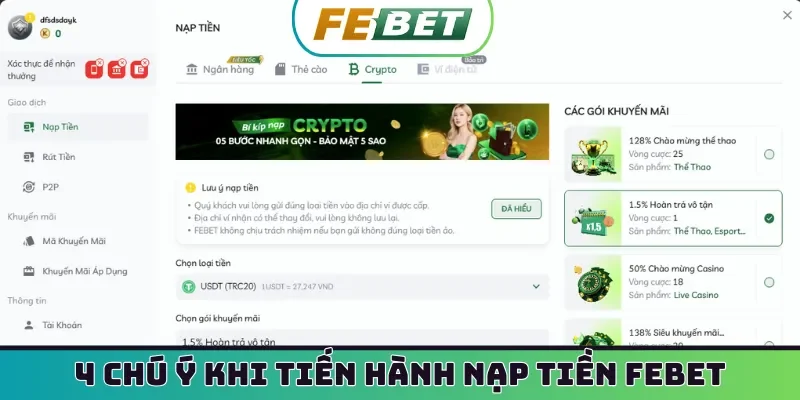 4 chú ý khi tiến hành nạp tiền Febet